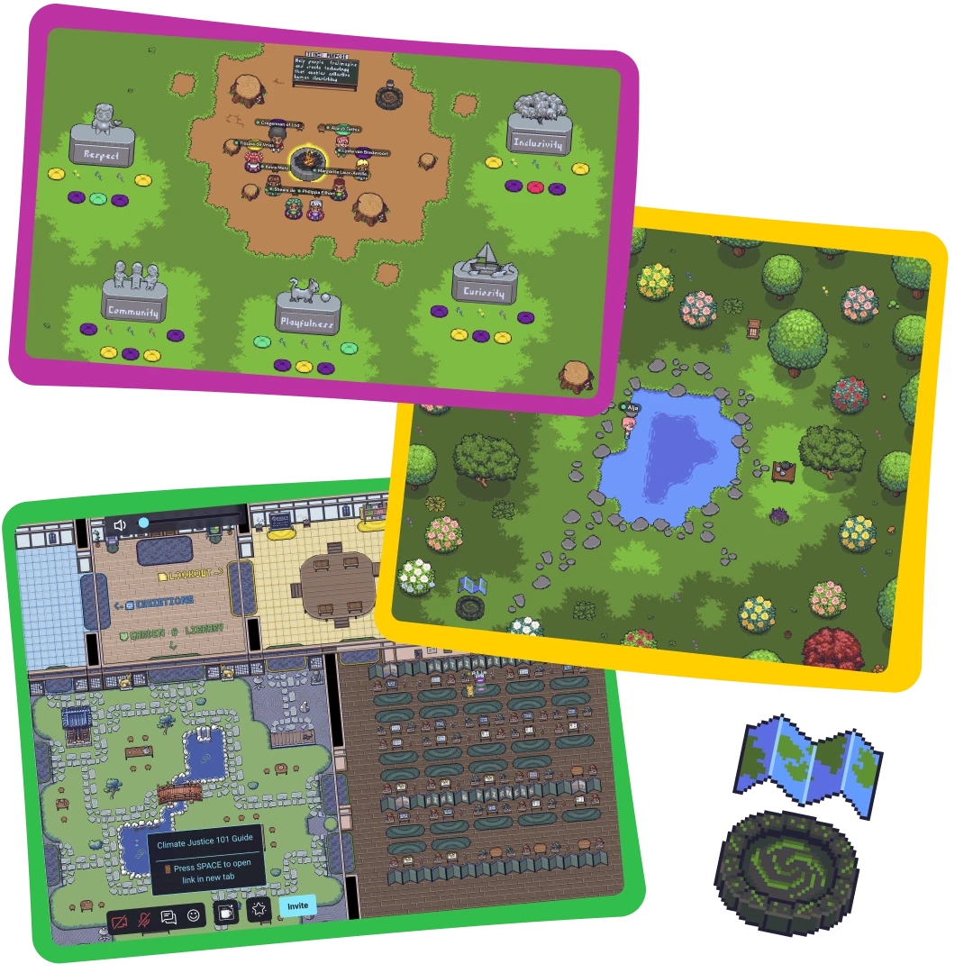 A compilation of screenshots showing different pixel world maps and assets created by the author.