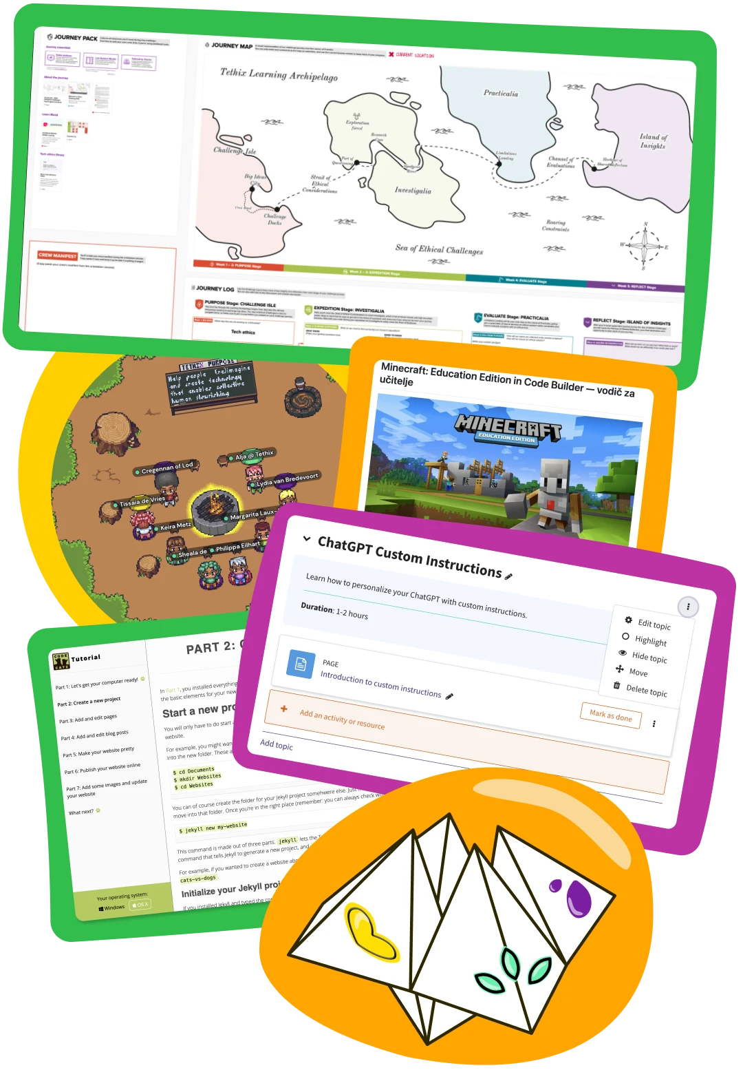 A compilation of screenshots showing several learning resources and activities created by the author.