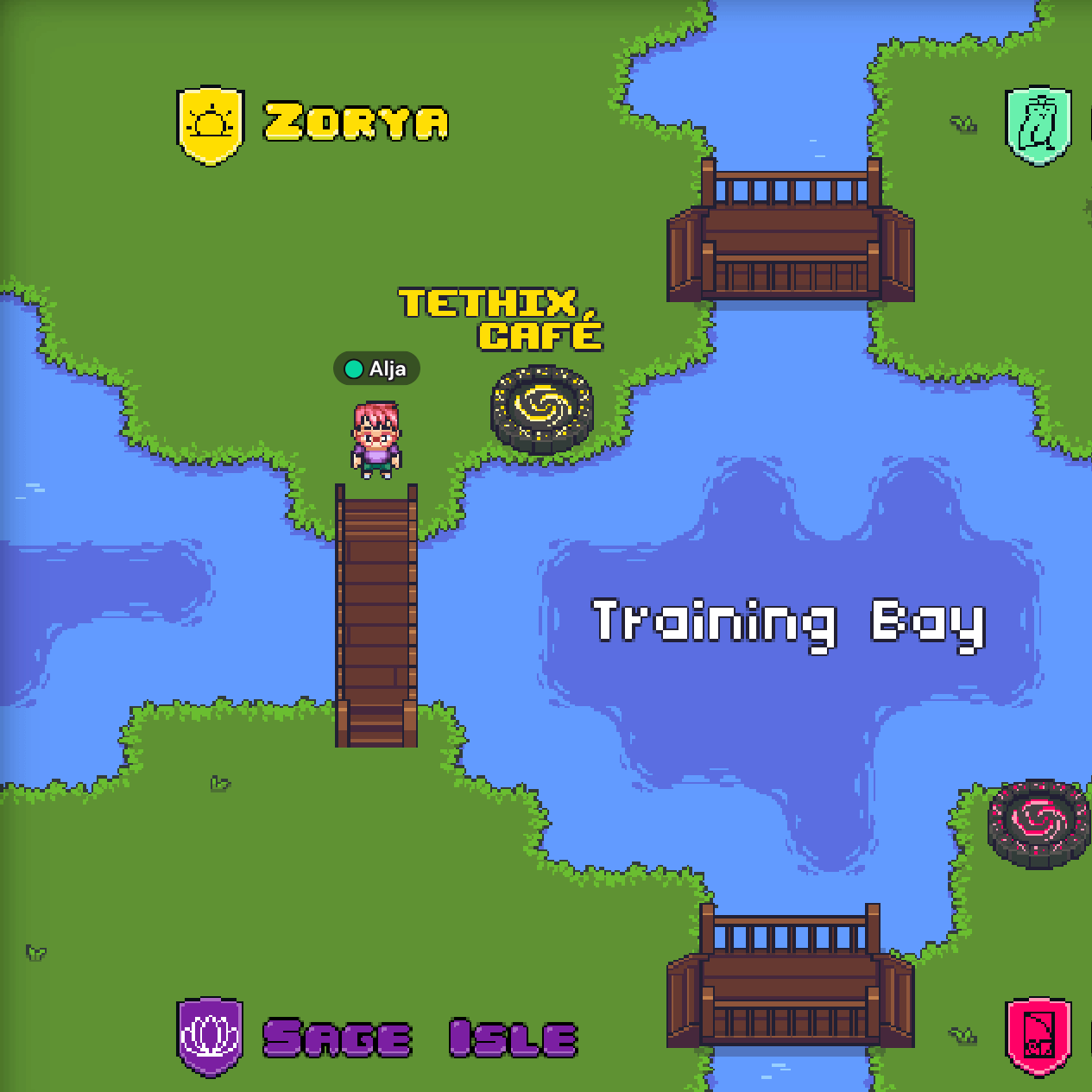 Screenshot of a pixel 2D world showing islands in Training Bay, with Alja's avatar standing in front of a bridge connecting the islands.